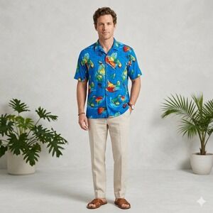 Tori Richard Liberty House Mens XL Blue Abstract Sailboat Print Button Shirt USA